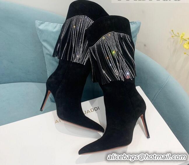 Stylish Amina Muaddi Suede High Boots 9.5cm with Crystal Tassel Black 1013100