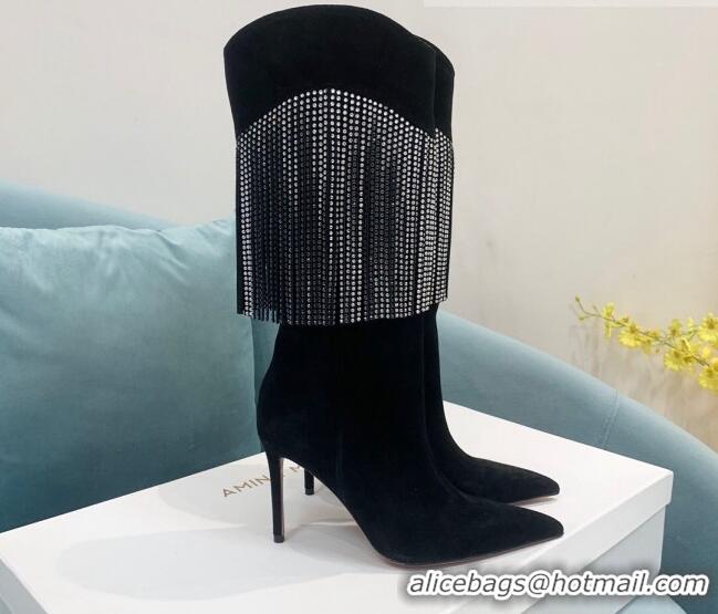 Stylish Amina Muaddi Suede High Boots 9.5cm with Crystal Tassel Black 1013100