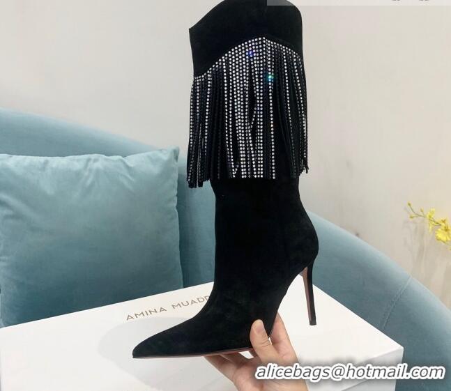 Stylish Amina Muaddi Suede High Boots 9.5cm with Crystal Tassel Black 1013100