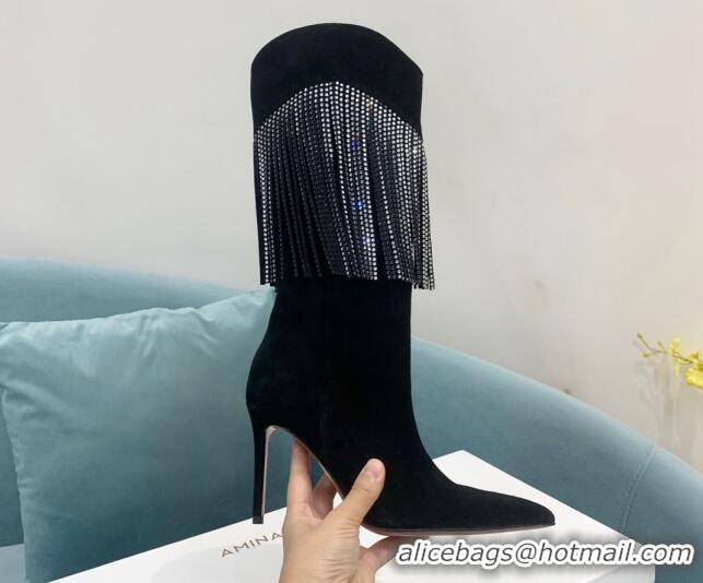 Stylish Amina Muaddi Suede High Boots 9.5cm with Crystal Tassel Black 1013100