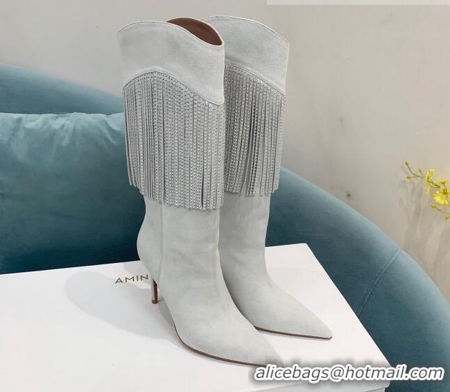 Popular Style Amina Muaddi Suede High Boots 9.5cm with Crystal Tassel Light Grey 1013101