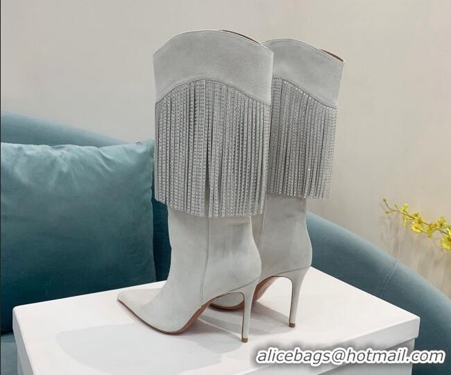 Popular Style Amina Muaddi Suede High Boots 9.5cm with Crystal Tassel Light Grey 1013101