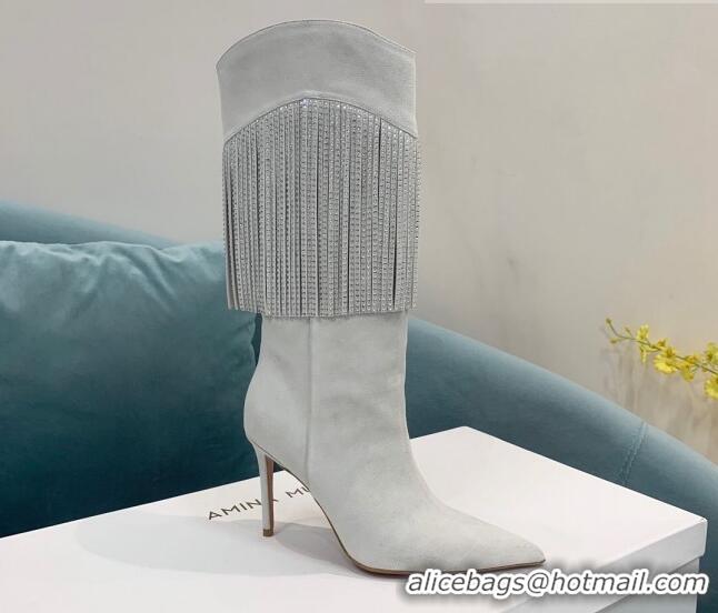 Popular Style Amina Muaddi Suede High Boots 9.5cm with Crystal Tassel Light Grey 1013101