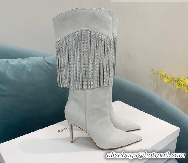 Popular Style Amina Muaddi Suede High Boots 9.5cm with Crystal Tassel Light Grey 1013101