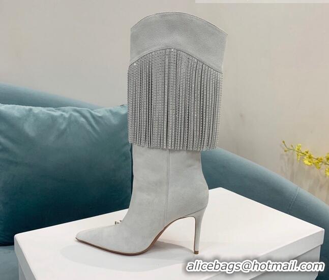 Popular Style Amina Muaddi Suede High Boots 9.5cm with Crystal Tassel Light Grey 1013101