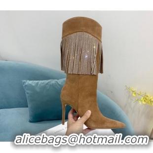 Top Design Amina Muaddi Suede High Boots 9.5cm with Crystal Tassel Brown 1013102