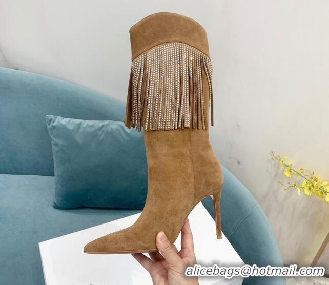 Top Design Amina Muaddi Suede High Boots 9.5cm with Crystal Tassel Brown 1013102