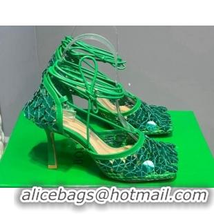 Sumptuous Bottega Veneta Sequins Cord Mesh Sandals 9cm Grass Green 062103