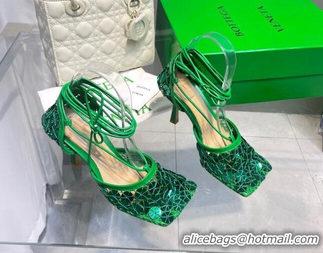 Sumptuous Bottega Veneta Sequins Cord Mesh Sandals 9cm Grass Green 062103