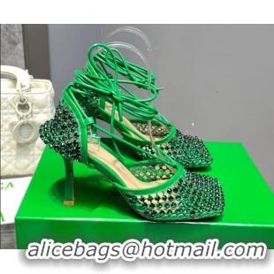 Popular Style Bottega Veneta Sparkle Stretch Crystal Mesh Sandals 9cm Grass Green 062113