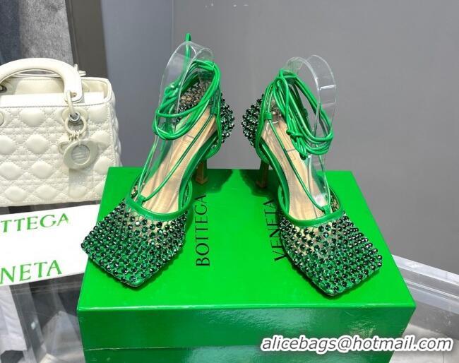 Popular Style Bottega Veneta Sparkle Stretch Crystal Mesh Sandals 9cm Grass Green 062113