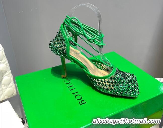 Popular Style Bottega Veneta Sparkle Stretch Crystal Mesh Sandals 9cm Grass Green 062113