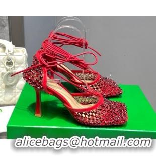 Top Grade Bottega Veneta Sparkle Stretch Crystal Mesh Sandals 9cm Red 062114