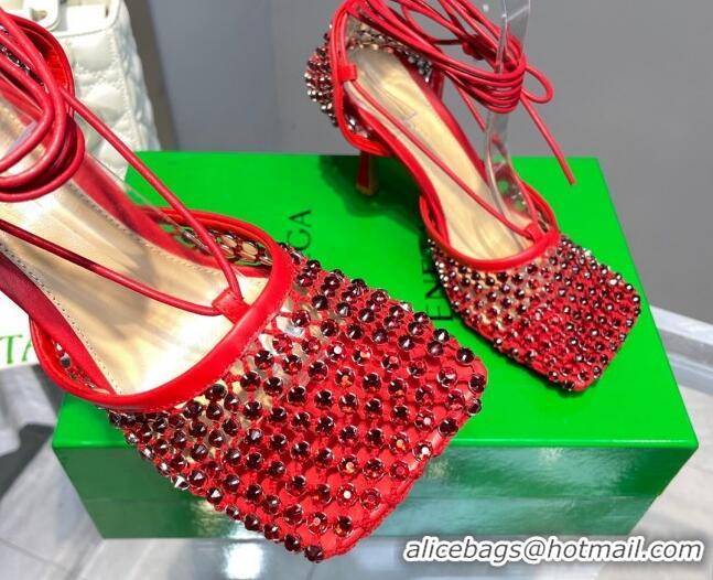 Top Grade Bottega Veneta Sparkle Stretch Crystal Mesh Sandals 9cm Red 062114