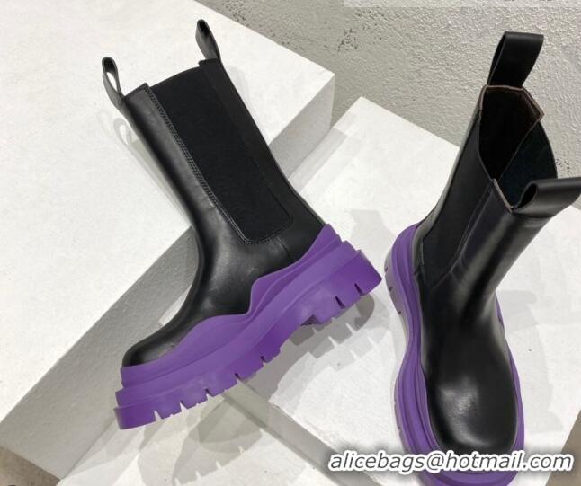 Classic Special Bottega Veneta Tire Calfskin Short Chelsea Boot Black/Purple 2072119