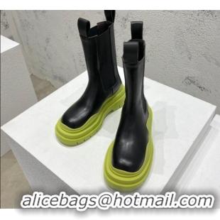 Unique Style Bottega Veneta Tire Calfskin Short Chelsea Boot Black/Kiwi Green 072120