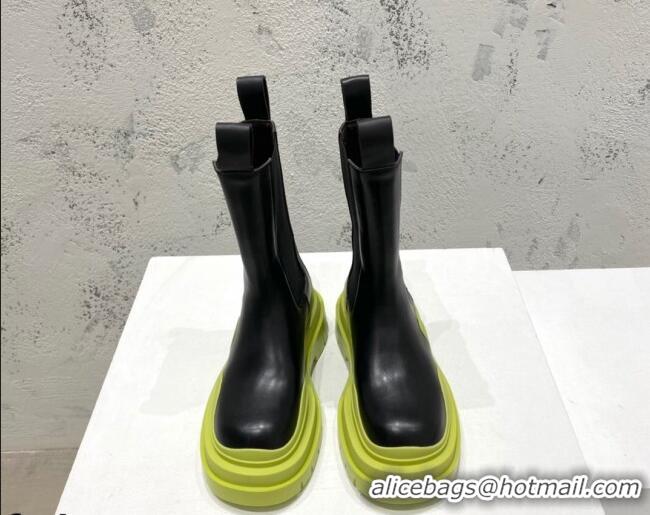 Unique Style Bottega Veneta Tire Calfskin Short Chelsea Boot Black/Kiwi Green 072120