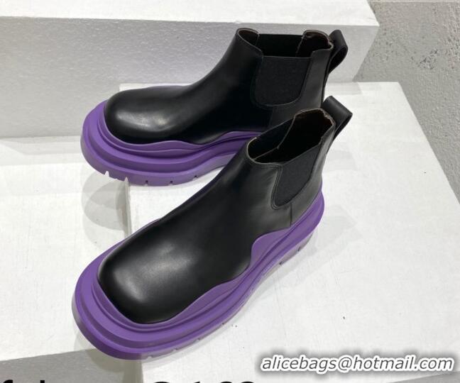 Popular Style Bottega Veneta Tire Calfskin Ankle Chelsea Boot Black/Purple 072136