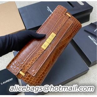 Buy Classic SAINT LAURENT MANHATTAN CLUTCH IN CROCODILE-EMBOSSED LEATHER 695949 DARK CARAMEL