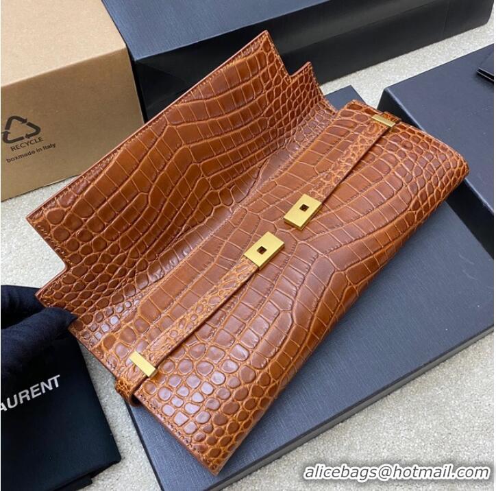 Buy Classic SAINT LAURENT MANHATTAN CLUTCH IN CROCODILE-EMBOSSED LEATHER 695949 DARK CARAMEL