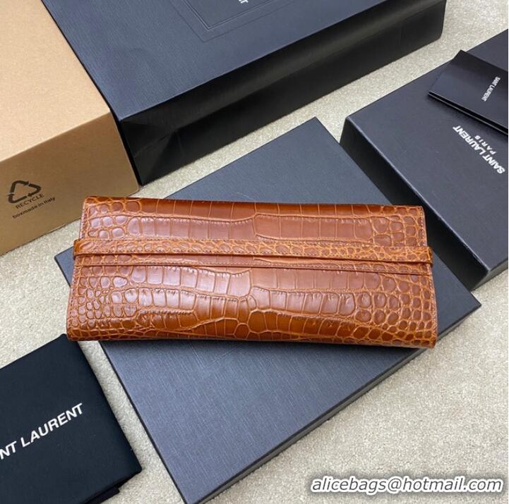 Buy Classic SAINT LAURENT MANHATTAN CLUTCH IN CROCODILE-EMBOSSED LEATHER 695949 DARK CARAMEL