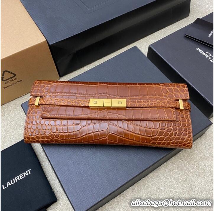 Buy Classic SAINT LAURENT MANHATTAN CLUTCH IN CROCODILE-EMBOSSED LEATHER 695949 DARK CARAMEL