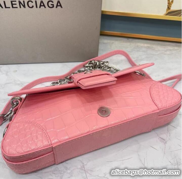 Top Quality Balenciaga LINDSAY CROCODILE EMBOSSED SHOULDER BAG WITH STRAP 6088 pink