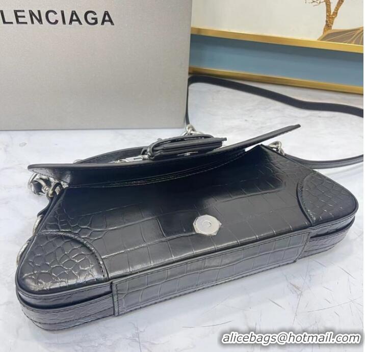 Buy Classic Balenciaga LINDSAY CROCODILE EMBOSSED SHOULDER BAG WITH STRAP 6088 black