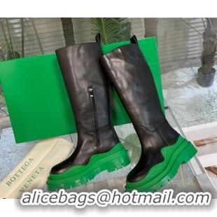 Top Design Bottega Veneta Tire Calf Leather High Boots Black/Green 081203