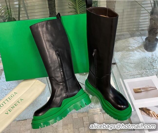 Top Design Bottega Veneta Tire Calf Leather High Boots Black/Green 081203