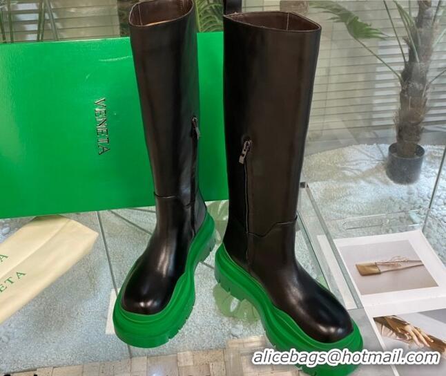 Top Design Bottega Veneta Tire Calf Leather High Boots Black/Green 081203