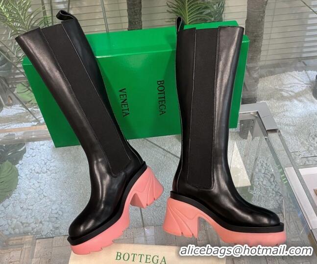 Stylish Bottega Veneta Flash Calf Leather High Chelsea Boots 9.5cm Black/Flamingo Pink 081208