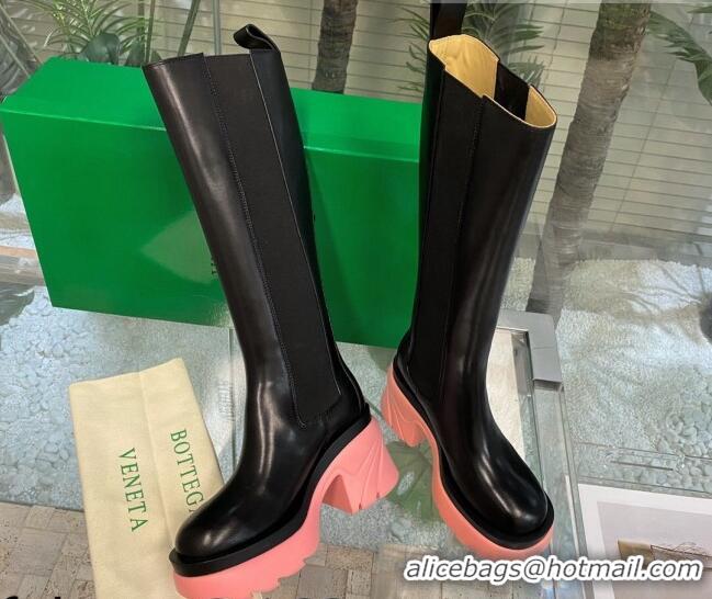 Stylish Bottega Veneta Flash Calf Leather High Chelsea Boots 9.5cm Black/Flamingo Pink 081208