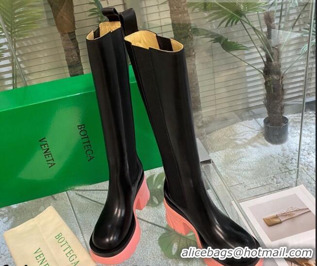 Stylish Bottega Veneta Flash Calf Leather High Chelsea Boots 9.5cm Black/Flamingo Pink 081208