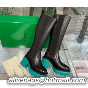 Pretty Style Bottega Veneta Flash Calf Leather High Chelsea Boots 9.5cm Black/Water Blue 081209