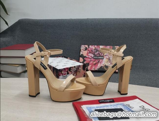 Classic Hot Dolce & Gabbana DG Patent Leather High Heel Platform Sandals 15cm Beige 2052635