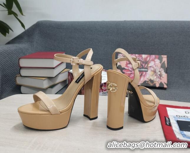 Classic Hot Dolce & Gabbana DG Patent Leather High Heel Platform Sandals 15cm Beige 2052635