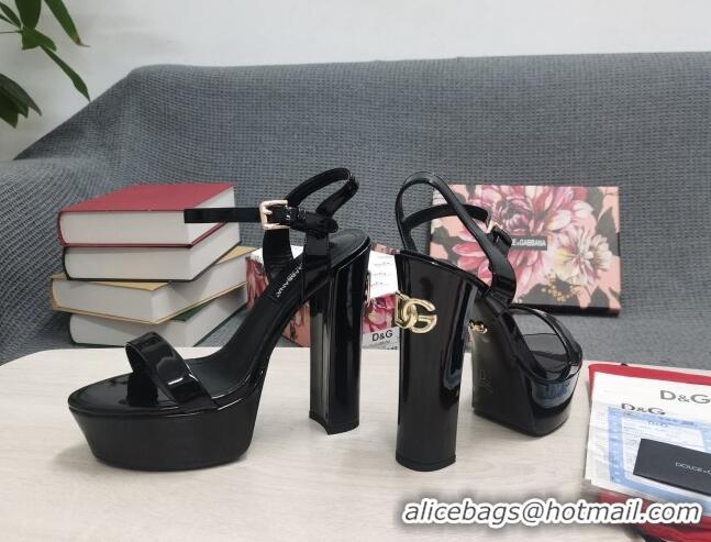 Good Quality Dolce & Gabbana DG Patent Leather High Heel Platform Sandals 15cm Black 2052636