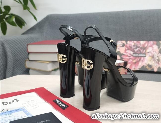 Good Quality Dolce & Gabbana DG Patent Leather High Heel Platform Sandals 15cm Black 2052636