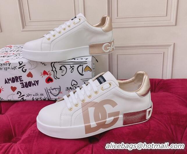 Top Grade Dolce & Gabbana DG Print Leather Sneakers White/Gold 2062140