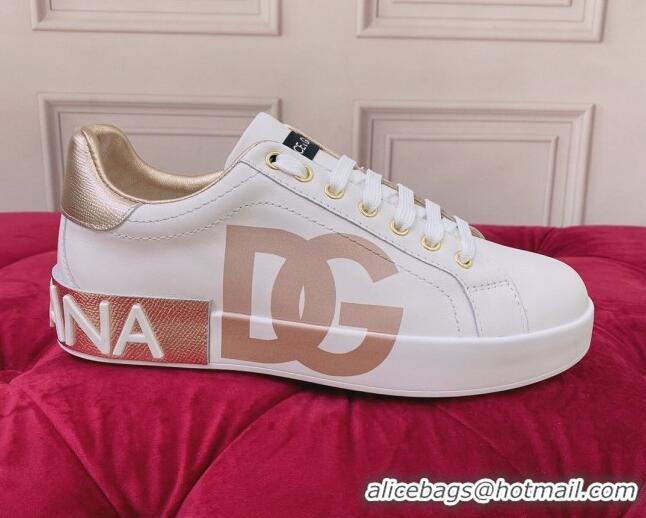 Top Grade Dolce & Gabbana DG Print Leather Sneakers White/Gold 2062140