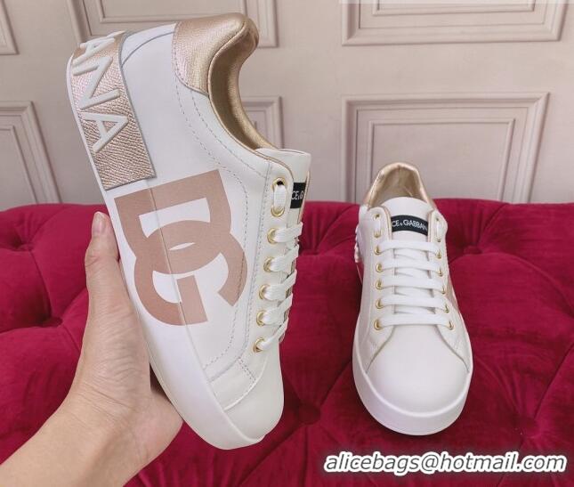 Top Grade Dolce & Gabbana DG Print Leather Sneakers White/Gold 2062140