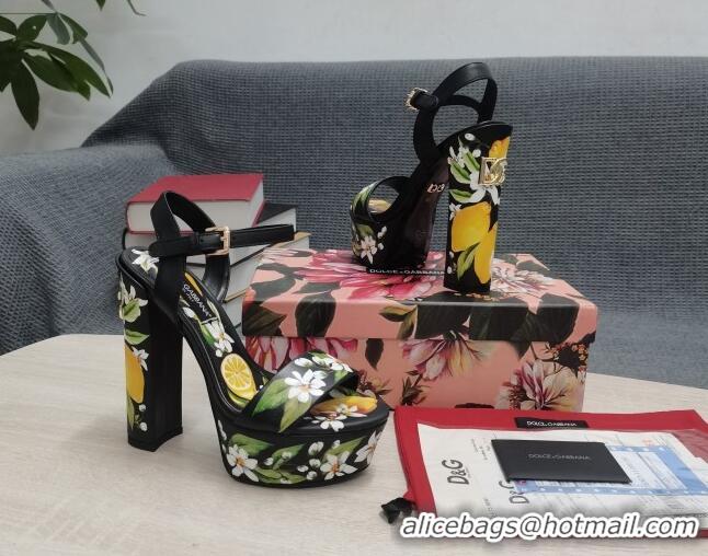 Best Grade Dolce & Gabbana DG Print Calfskin Platform High Heel Sandals 15cm Black 20706125