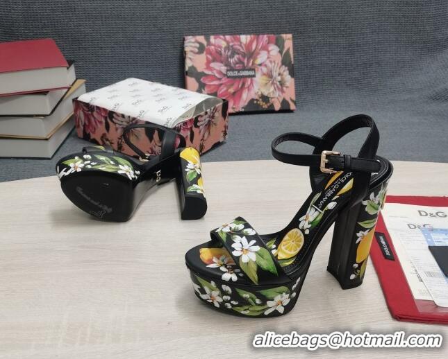 Best Grade Dolce & Gabbana DG Print Calfskin Platform High Heel Sandals 15cm Black 20706125