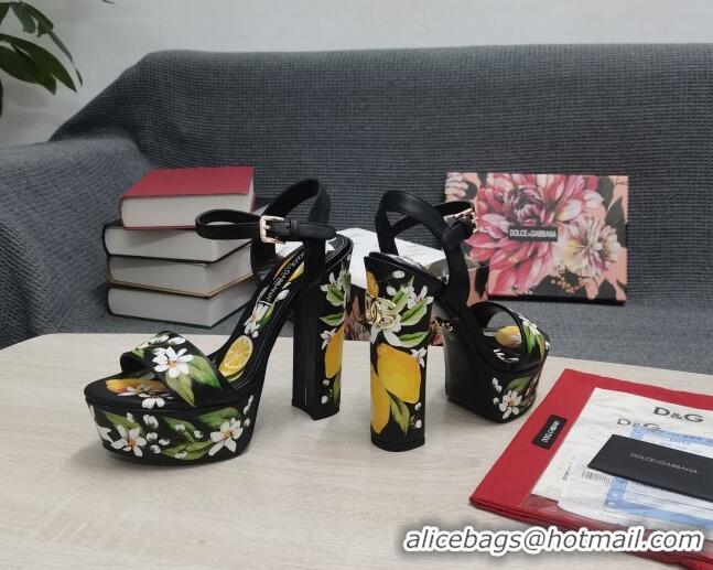 Best Grade Dolce & Gabbana DG Print Calfskin Platform High Heel Sandals 15cm Black 20706125