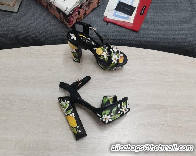 Best Grade Dolce & Gabbana DG Print Calfskin Platform High Heel Sandals 15cm Black 20706125