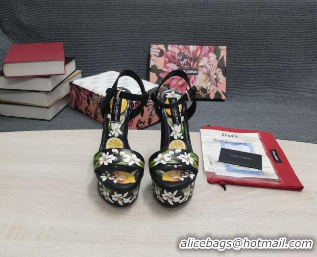 Best Grade Dolce & Gabbana DG Print Calfskin Platform High Heel Sandals 15cm Black 20706125