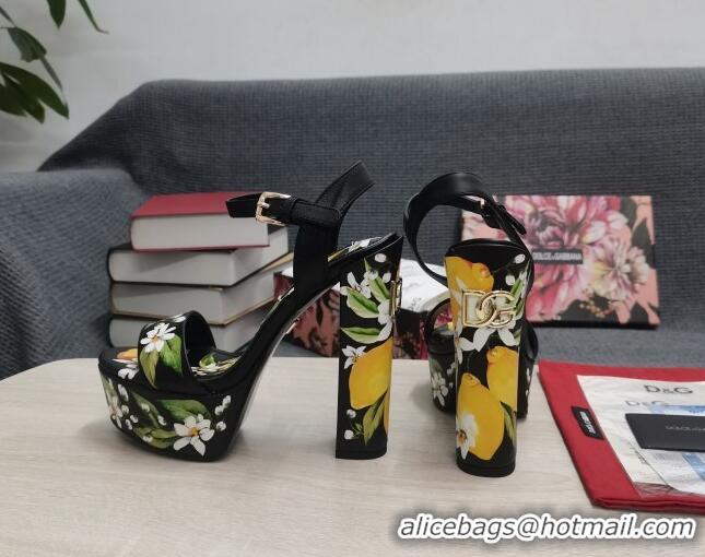 Best Grade Dolce & Gabbana DG Print Calfskin Platform High Heel Sandals 15cm Black 20706125