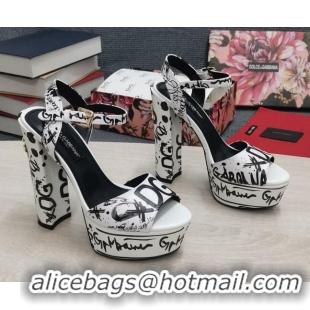 Good Quality Dolce & Gabbana DG Calfskin Print High Heel Platform Sandals White/Black 081270