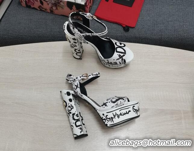 Good Quality Dolce & Gabbana DG Calfskin Print High Heel Platform Sandals White/Black 081270